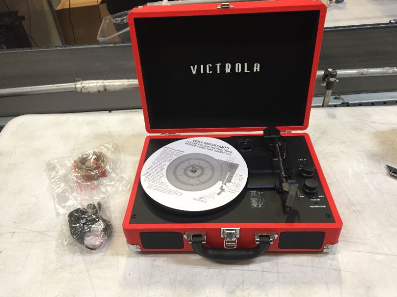Photo 2 of Victrola Vintage 3-Speed Bluetooth Portable Suitcase Record Player with Built-in Speakers | Upgraded Turntable Audio Sound| Includes Extra Stylus | Red, 1SFA (VSC-550BT-RD)
