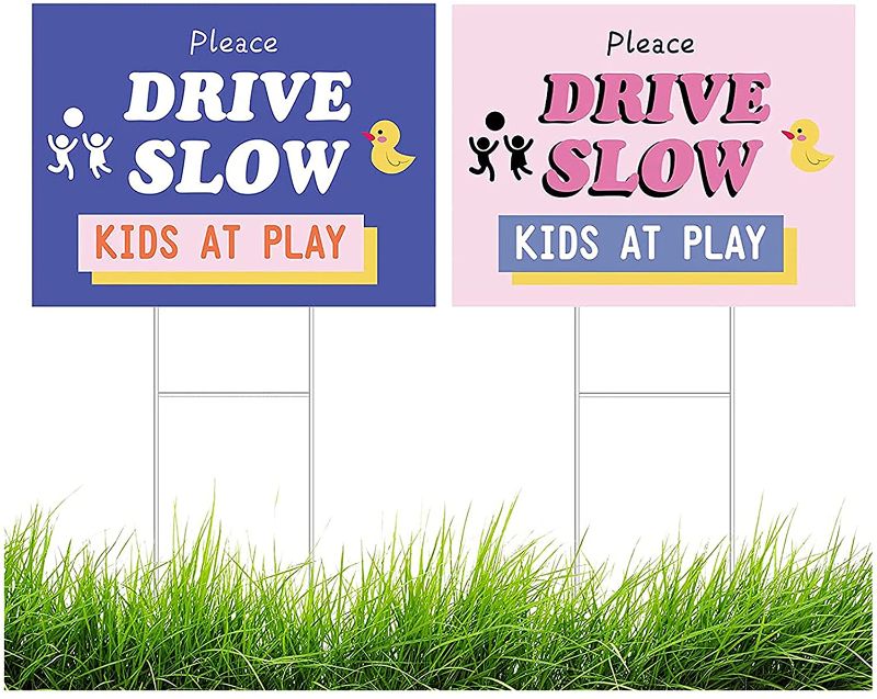 Photo 1 of 2 Pack Drive Slow Sign - Kids at Play! - Colorful Double Sided Outdoor Signage with Stakes Corrugated - Keep Child Safely for Driveway, Streets, Park, School, Sidewalk, Sign Measures 11.81" x 15.74" 2 PCK
