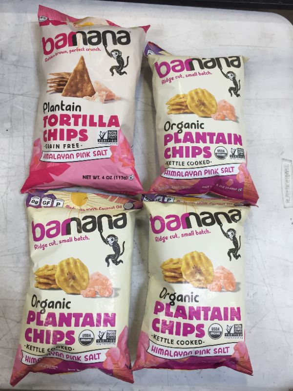 Photo 1 of Barnana Organic Plantain Chips, Himalayan Pink Salt, 5 Ounce Bag - Paleo, Vegan, Grain Free Chips 3 Pack Exp Apr.6.22 And Barnana Grain-Free Plantain Tortilla Chips – Himalayan Pink Salt – 4 Ounce, 1 Pack – Gluten-Free, Corn-Free, Paleo – Golden Brown, Pe