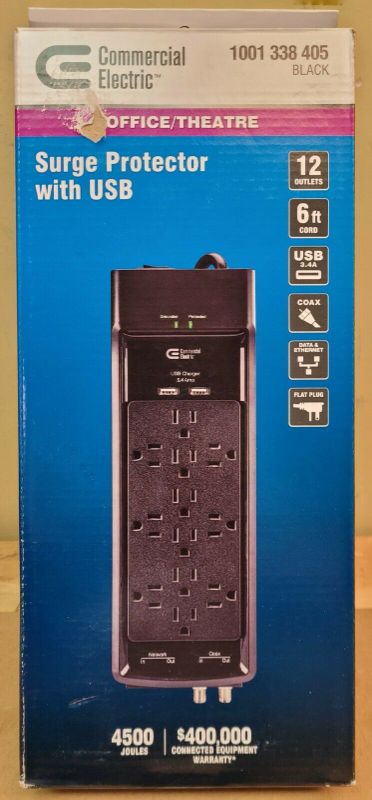 Photo 1 of ----SELL FOR PARTS----Commercial Electric 12 Outlet USB Port Rj45 Coax Surge Protector 6 FT Cord Black
