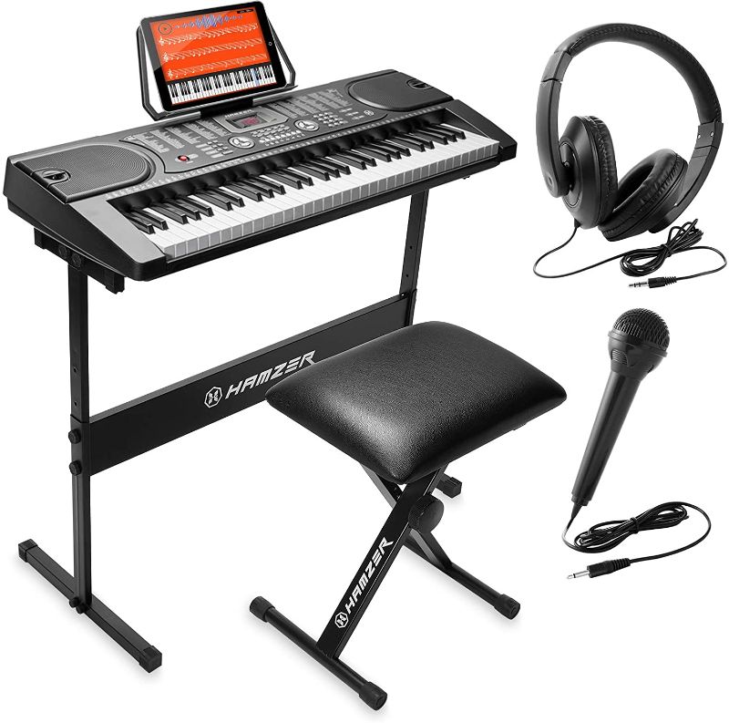 Photo 1 of Hamzer 61-Key Portable Electronic Keyboard Piano with Stand, Stool, Headphones, Microphone & Sticker Sheet
