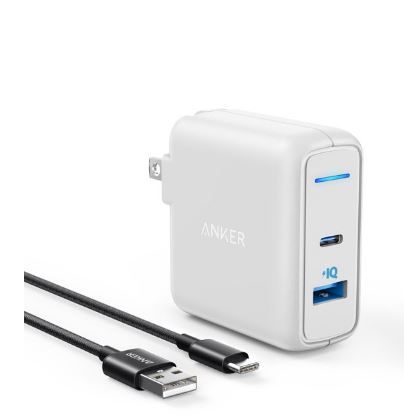 Photo 1 of Anker 2-Port PowerPort 27W USB-C & USB-a Wall Charger (with 6' USB-C to USB-a Braided Nylon Cable) - White
