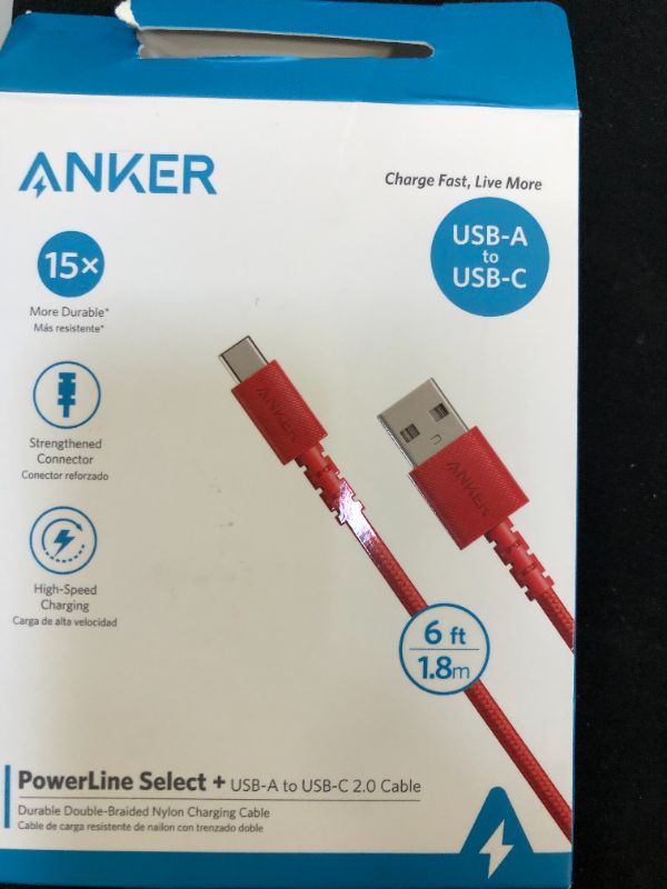 Photo 2 of anker - powerline select+ usb-c to usb-a cable 6-ft - red