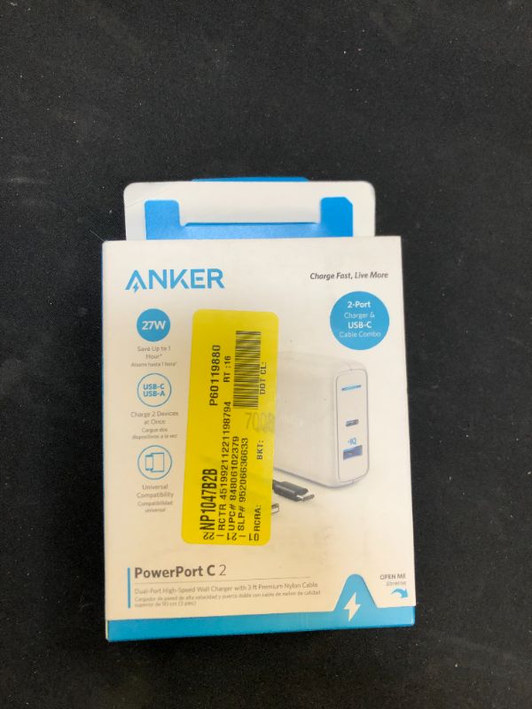 Photo 2 of Anker 2-Port PowerPort 27W USB-C & USB-a Wall Charger (with 6' USB-C to USB-a Braided Nylon Cable) - White
