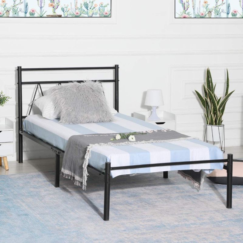 Photo 1 of Alecono Metal Bed Frame with V Shaped Headboard Twin Size, Single Black Twin Bed Platform, Twin Bed Foundation No Box Spring Support for Kids, Adults
