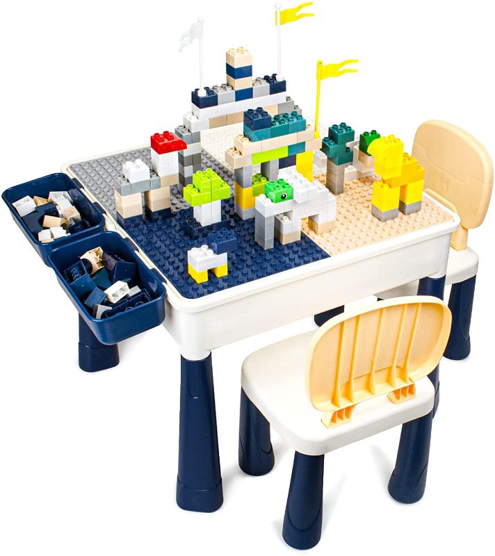 Photo 1 of idoot 7 in 1 Multi Kids Activity Table Set with 2 Chairs and 100 Pcs Large Size Blocks Compatible with Classic Blocks.Water Table,Sand Table and Blocks Table for Kids Activity
