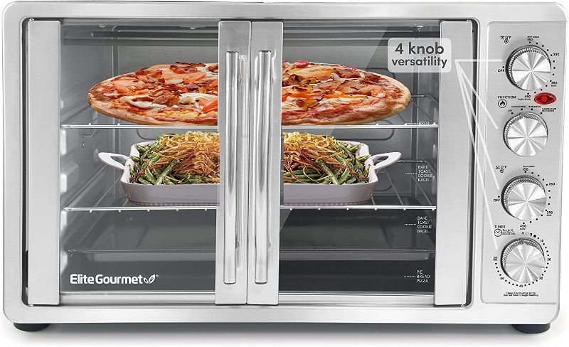 Photo 1 of Elite Gourmet ETO4510BMDouble French Door 4-Control Knobs Countertop Convection Toaster Oven, Bake Broil Toast Rotisserie Keep Warm 14" Pizza Includes 2 Racks
