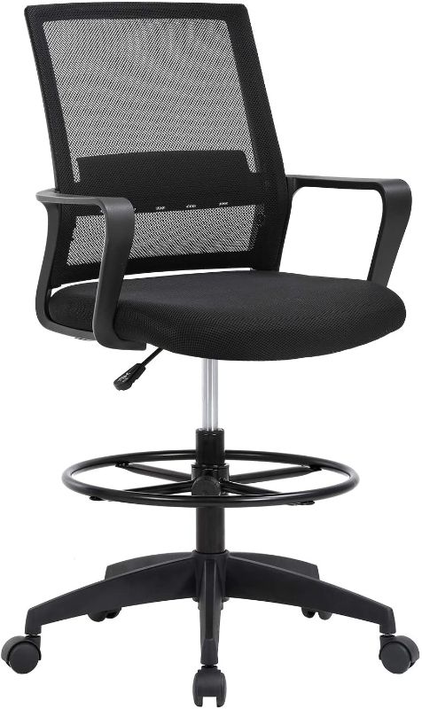 Photo 1 of Drafting Chair Tall Office Chair Adjustable Height with Lumbar Support Arms Footrest Mid Back Desk Chair Swivel Rolling Mesh Computer Chair for Adults Standing Desk Drafting Stool(Black)
