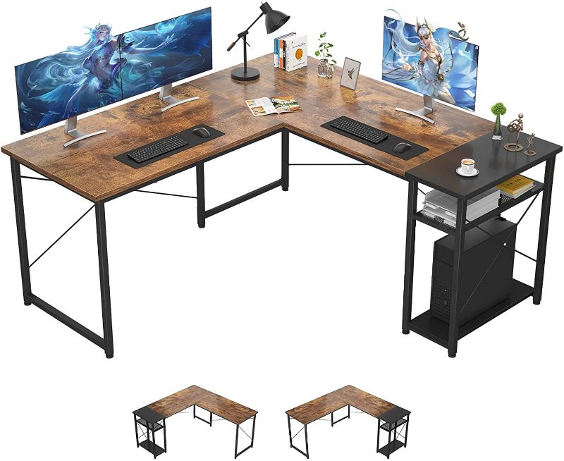 Photo 1 of Ecoprsio L-Shaped Desk Large L Shaped Gaming Desk with Storage Shelves Industrial Corner Desk Writing Study Table for Home Office Gaming Workstation, Rustic Brown and Black
