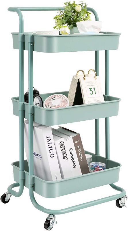 Photo 1 of 3 Tier Rolling Utility Cart with Wheels and Handle Storage Organization Shelves for Kitchen, Bathroom, Office, Library, Coffee Bar Trolley Service Cart, Green