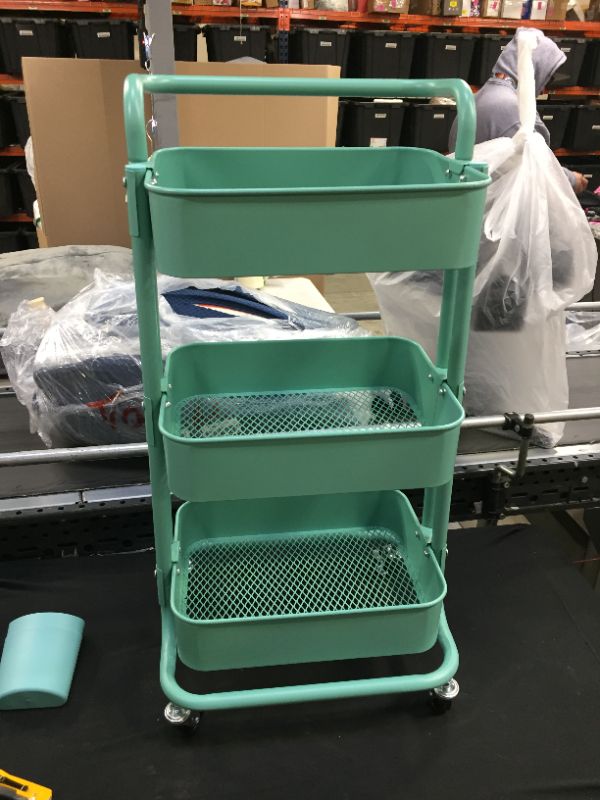 Photo 2 of 3 Tier Rolling Utility Cart with Wheels and Handle Storage Organization Shelves for Kitchen, Bathroom, Office, Library, Coffee Bar Trolley Service Cart, Green