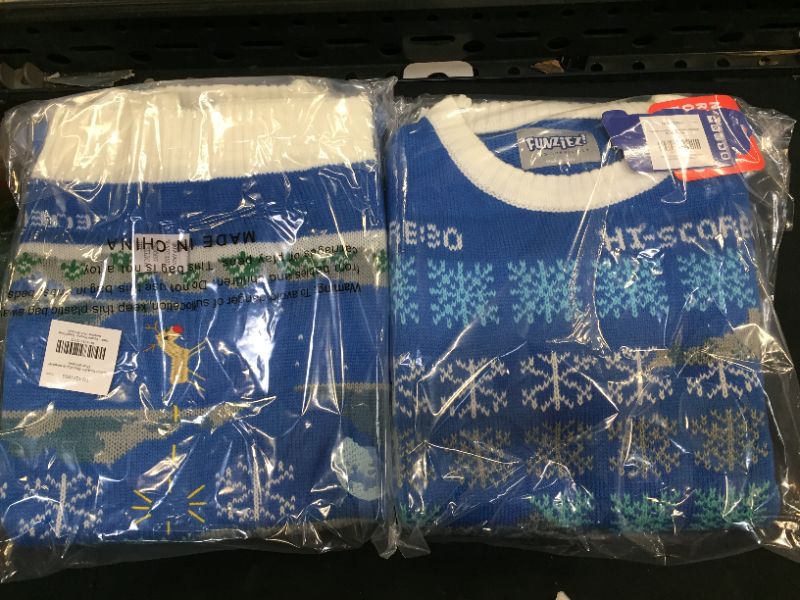 Photo 3 of FUNZIEZ! Ugly Christmas Sweater Space Invader Long Sleeve Novelty Costume Blue - Medium 2 Pack
