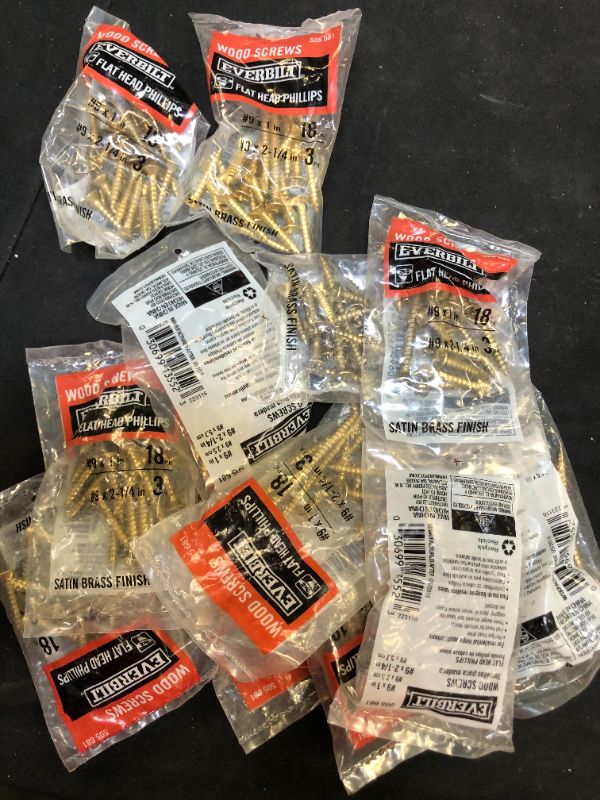 Photo 2 of 12 packs of Everbilt #9 x 1 in. and #9 x 2-1/4 in. Phillips Flat-Head Satin Brass Wood Screws (21-Pack)