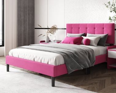 Photo 1 of alazyhome Full Size Square Tufted Upholstered Platform Bed Frame with Strong Steel Slat Support, Pink