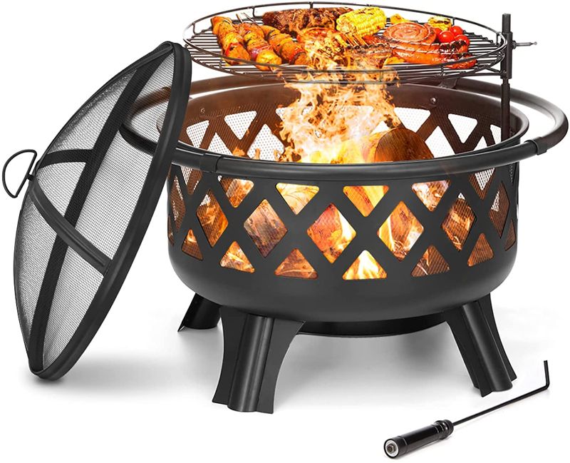 Photo 1 of 2 in 1 Fire Pit with Cooking Grate 30'' Wood Burning Firepit Outdoor Fire Pits Steel Firepit Bowl Outside with Swivel BBQ Grill, Spark Screen, Poker for Backyard Garden Bonfire Patio
