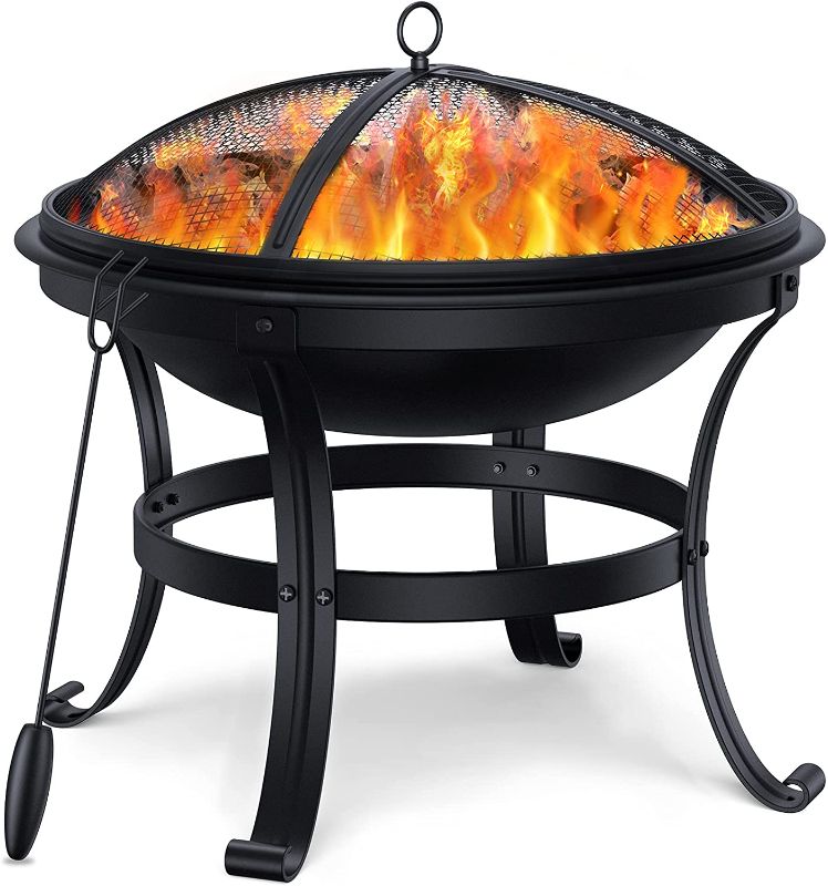 Photo 1 of Easoger Outdoor Fire Pit Wood Burning, Fire Pits for Outside, 22" Small Fire Pit Outdoor, Cast Iron Portable Patio Fire Pit with BBQ Cooking Grill, Spark Screen, Log Grate, Poker
