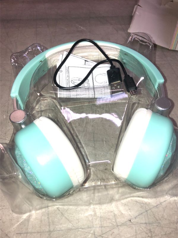 Photo 2 of Justice Glitter Bluetooth Headphones- Comfortable Ear Cups, Great Sound, with Mic for Calls- Light Blue
