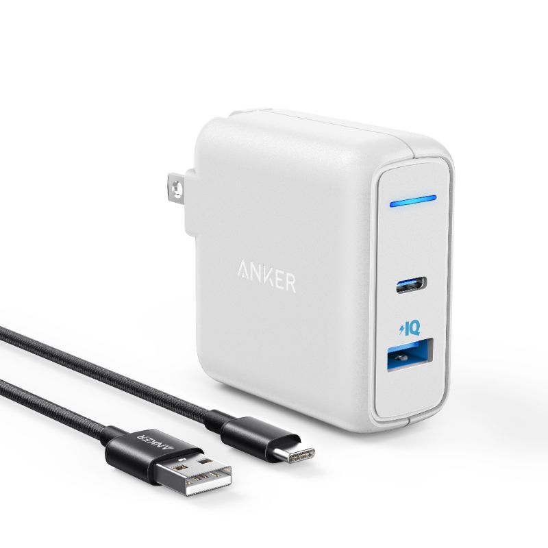 Photo 1 of Anker 2-Port PowerPort 27W USB-C & USB-a Wall Charger (with 6' USB-C to USB-a Braided Nylon Cable) - White
