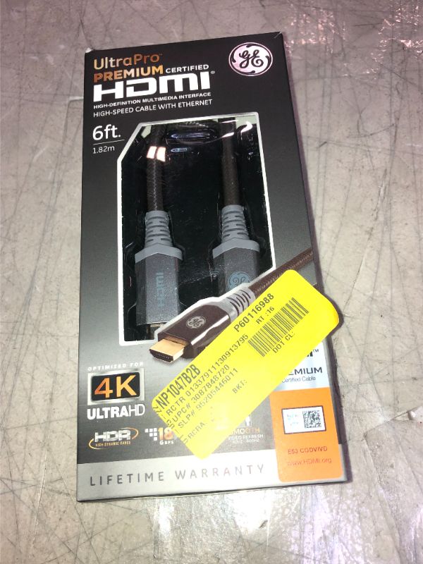 Photo 1 of GE 6ft Premium Certified High Speed HDMI Cable with Ethernet, Gold-Plated Connectors, Gray, 48720

