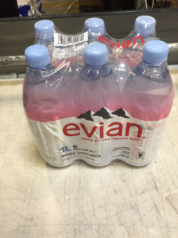 Photo 1 of evian Natural Spring Water 1 Liter (Pack of 6), Naturally Filtered Spring Water, Naturally Filtered Spring Water in Large Bottles
