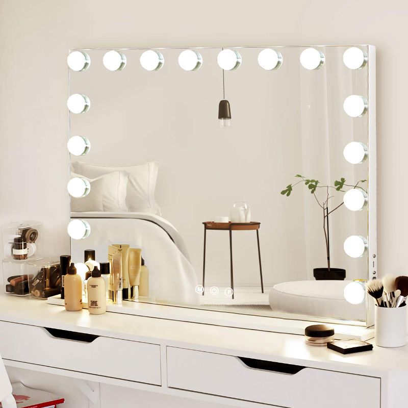 Photo 1 of COOLJEEN 31.5x23.6-inch Large Hollywood Beauty Makeup Mirror with 18 LED Bulbs 3 Colors Lighting Mode Cosmetic Vanity Mirror with USB Charging Port 10X Magnifier for Women Girl (White,No Bluetooth)
