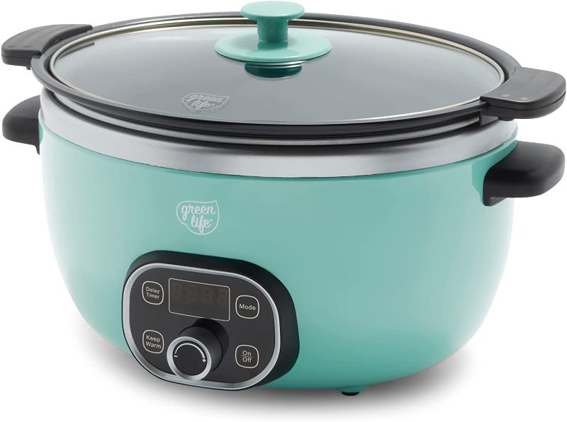 Photo 1 of GreenLife Cook Duo Healthy Ceramic Nonstick 6QT Slow Cooker, PFAS-Free, Digital Timer, Dishwasher Safe Parts, TURQUOISE
