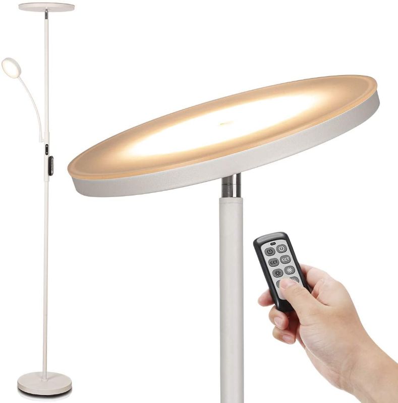 Photo 1 of Led Floor Lamp - Soarz Torchiere Floor Lamp with Adjustable Reading Lamp,2000lumens Main Light and 400lumens Side Reading Light for Living Room, Bedroom, Office, Working with Remote Control, White
