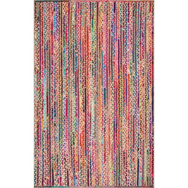 Photo 1 of Aleen Bohemian Braided Stripes Jute Multi 3 ft. x 5 ft. Area Rug
