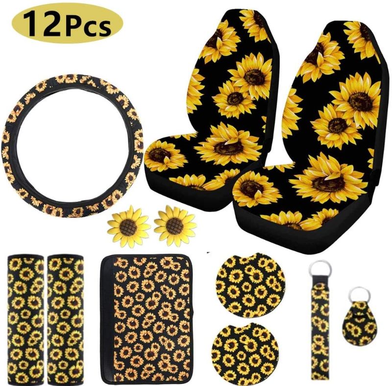 Photo 1 of XMSSIT 12Pieces Sunflower Accessories for Car Wheel Cover,2Pieces Car Front Seat Covers, Sunflower Pattern Center pad Cover,2Pieces Car Cup Holder Coaster and 2Pieces Keyring,2 Pieces Car Vent
