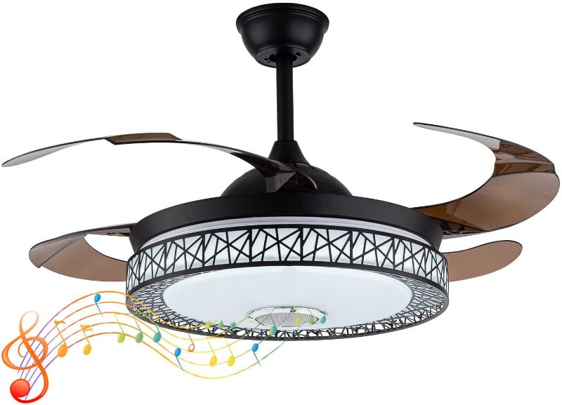 Photo 1 of TFCFL 42" Modern Ceiling Fan Lights with Bluetooth, Dimmable Retractable Chandelier Lighting Fixture Acrylic with Music Player Remote Control Bird Nest Fandelier Fan for Bedroom Dining Room (Black)
