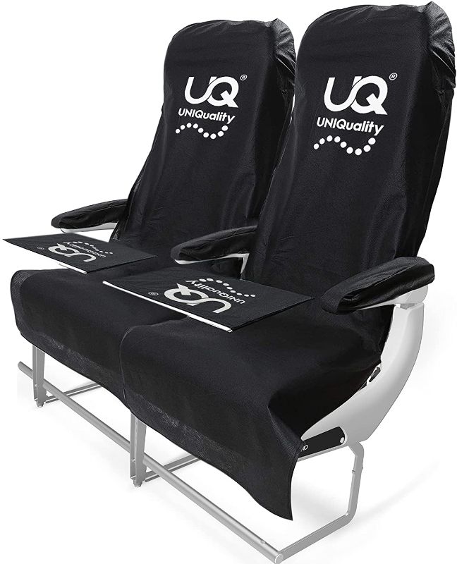 Photo 1 of 2 Disposable Airplane seat Cover Sets. Travel Flight essentials. Complete with arm Rest and Table Covers in Black. Disposable and Recyclable chair covers. (Set of 4)
