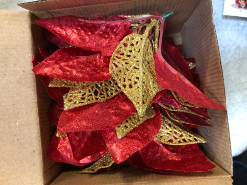 Photo 2 of 10 Pack Christmas Poinsettia Flowers Glitter Poinsettia Bushes Christmas Tree Flowers Christmas Poinsettia Ornament, Artificial Poinsettia Flowers Christmas Decorations-Red
