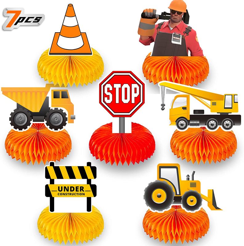 Photo 1 of 7 Pcs Construction Honeycomb Centerpieces 3D Table Decorations Honeycomb Engineering Playset Dump Truck Double Sides for Kids Construction Birthday Party Supplies,Construction Party Decorations
