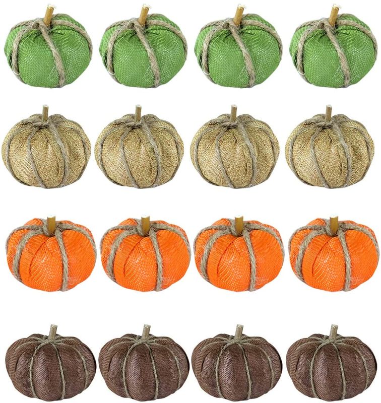 Photo 1 of 2 Inch Fabric Burlap Pumpkins for Decorating - 16PCS Mini Plastic Burlap Pumpkins for Rustic Fall Decor, Artificial Foam Pumpkins Perfect for Halloween Thanksgiving Decoration Fall Wedding
