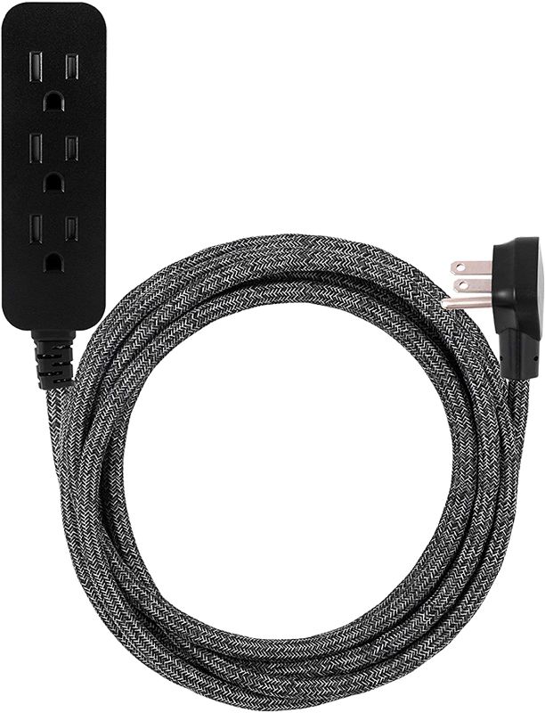 Photo 1 of Cordinate, Black Designer 3-Outlet Extension, Braided Décor Fabric Cord, 15 ft, Low-Profile Plug, Dark Heather, 50012
