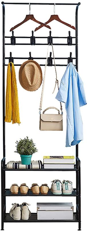 Photo 1 of Coat Rack Shoe Bench with 16 Hooks, Metal Coat Hat Rack Free Standing Clothes Stand with 3-Tier Shoe Rack, Entryway Organiser Coat Hat Stand for Hall, 3-in-1 Hall Tree with Metal Frame, Easy Assembly
