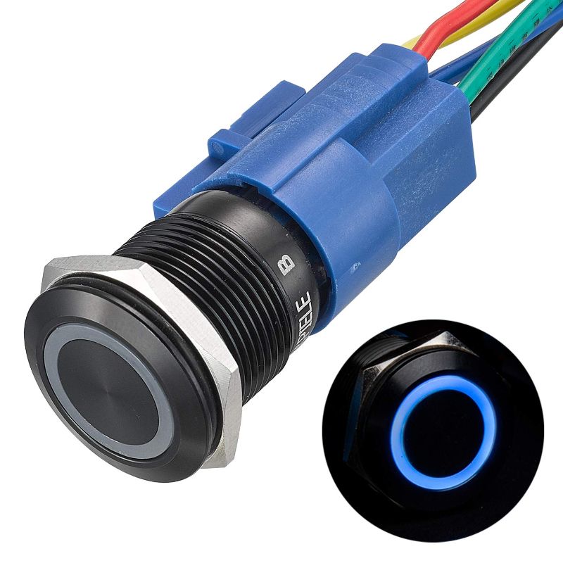 Photo 1 of APIELE 19mm Momentary Push Button Switch On Off Aluminium Alloy with 12V LED Angel Eye Head for 19mm 3/4 Mounting Hole with Wire Socket Plug Self-Reset (Blue Led/Black Shell)
