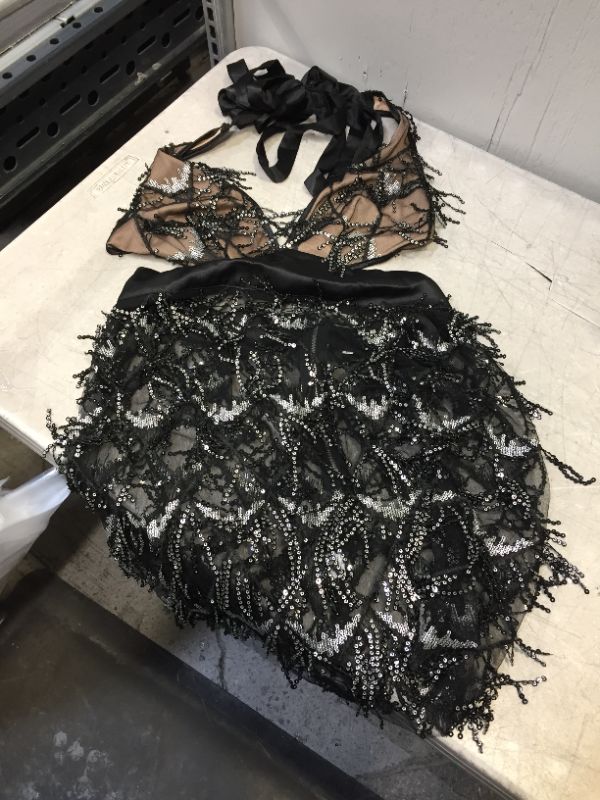 Photo 1 of 1920s WOMENS SLEEVELESS FRINGE, SEQUIN AND MESH DRESS BLACK/SILVER
SIZE LARGE