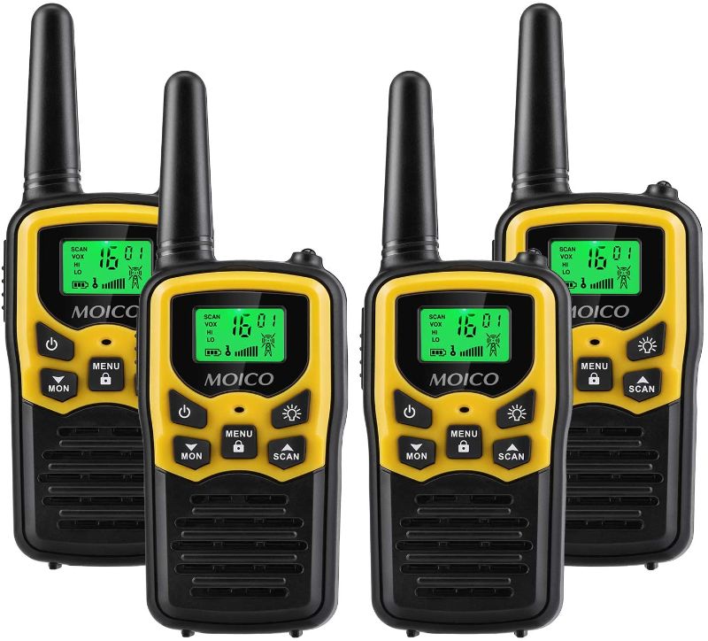 Photo 1 of ***UNABLE TO TEST*** Walkie Talkies with 22 FRS Channels, MOICO Walkie Talkies for Adults with LED Flashlight VOX Scan LCD Display, Long Range Family Walkie Talkie for Hiking Camping Trip (Yellow, 4 Pack)
