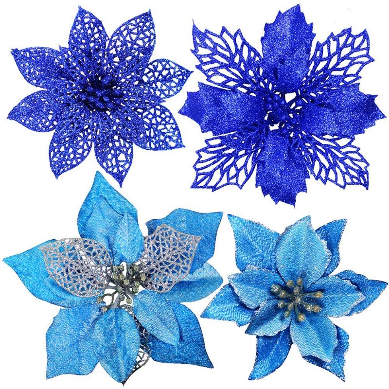 Photo 1 of 24 Pcs 4 Styles Christmas Blue Metallic Mesh Glitter Artificial Poinsettia Flower Stems Tree Ornaments in Box for Blue Christmas Tree Wreaths Garland Floral Gift Winter Wedding Holiday Decoration