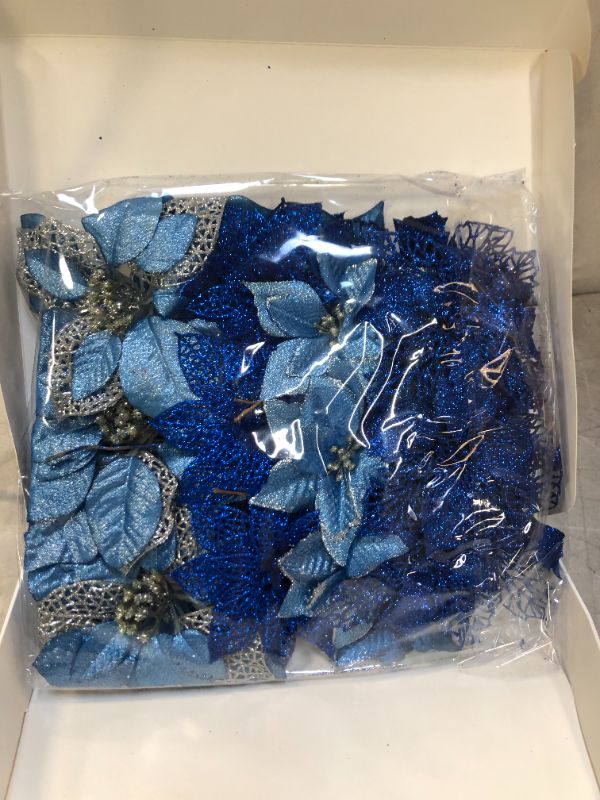 Photo 2 of 24 Pcs 4 Styles Christmas Blue Metallic Mesh Glitter Artificial Poinsettia Flower Stems Tree Ornaments in Box for Blue Christmas Tree Wreaths Garland Floral Gift Winter Wedding Holiday Decoration