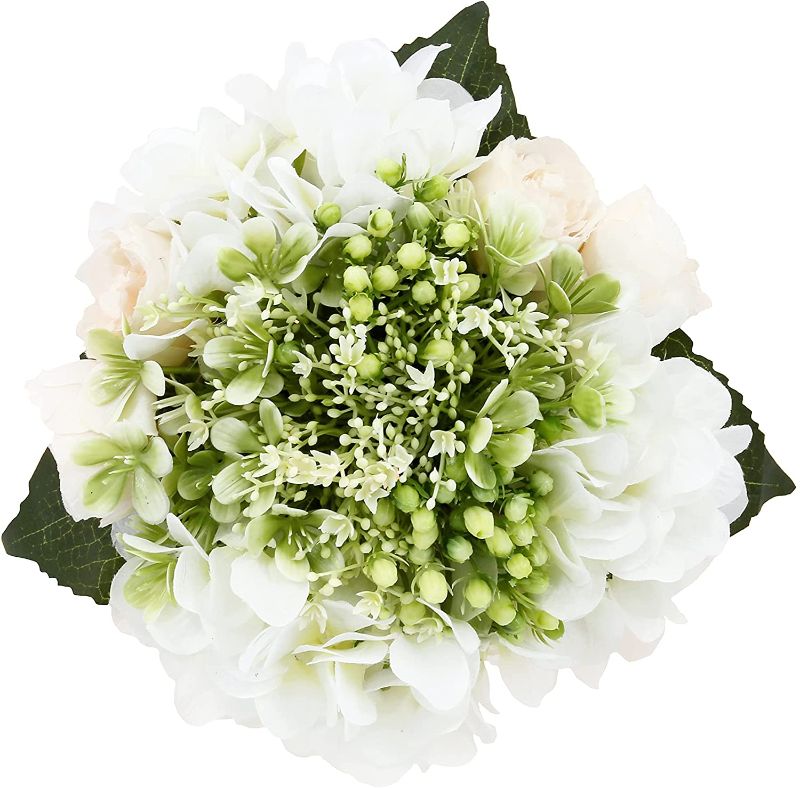 Photo 1 of ANDSTAR Wedding Flowers Summer Flowers Artificial Hydrangea 14 Heads,Fake Silk Rose Jasmine Wild Natural Bouquet ,Wedding Home Decoration Garden?Champagne White + White + White Green?
