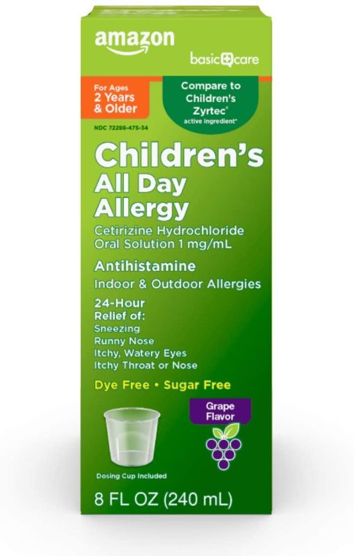 Photo 1 of Amazon Basic Care Children’s All Day Allergy, Cetirizine Hydrochloride Oral Solution 1 mg/mL, Grape Flavor, 8 Fluid Ounces 2 pack exp 10/2022