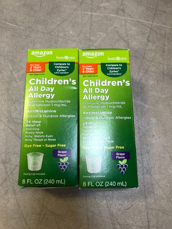 Photo 2 of Amazon Basic Care Children’s All Day Allergy, Cetirizine Hydrochloride Oral Solution 1 mg/mL, Grape Flavor, 8 Fluid Ounces 2 pack exp 10/2022