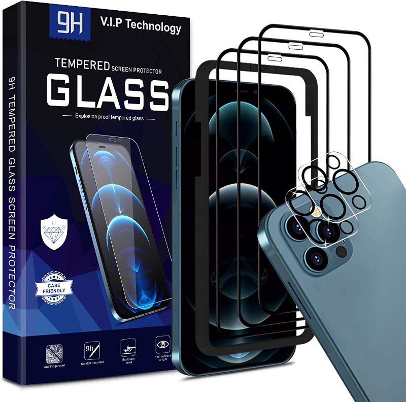 Photo 1 of iPhone 12 Pro Max 6.7" Glass Screen Protector and Camera Lens Protector - Ultimate 9H Tempered Glass for Full Protection - Premium Edge to Edge Coverage - Shockproof Glass Film with Easy Installation Frame 2 pack of (3 + 2 Pack, total 6 + 4) V.I.P Technol