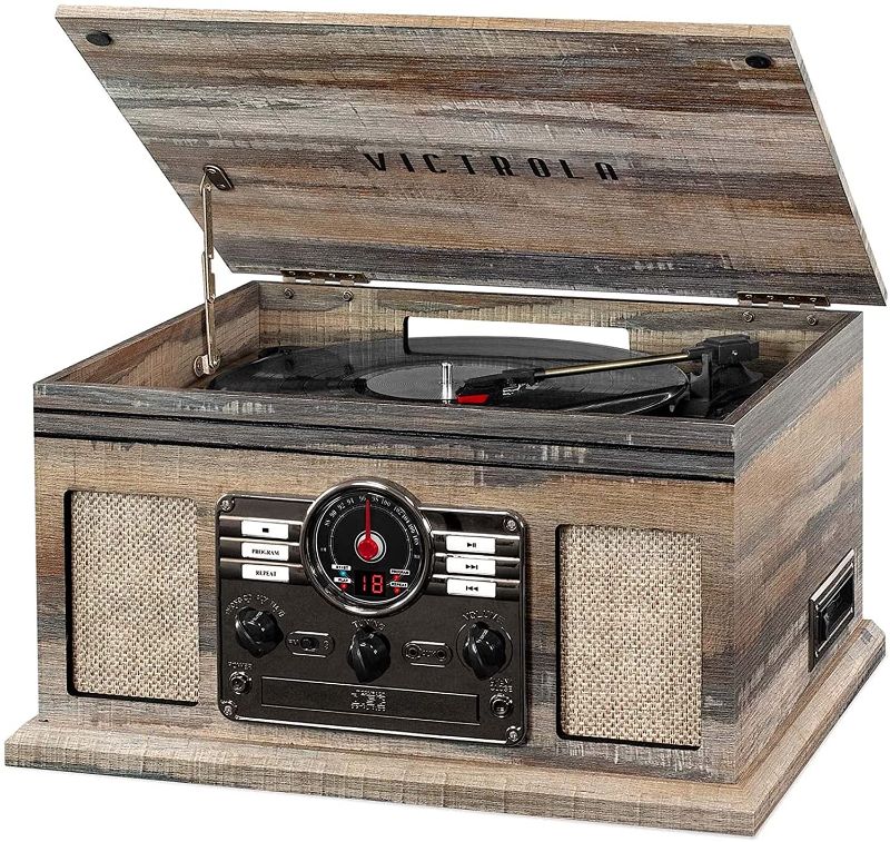 Photo 1 of Victrola Nostalgic 6-in-1 Bluetooth Record Player & Multimedia Center with Built-in Speakers - 3-Speed Turntable, CD & Cassette Player, AM/FM Radio | Wireless Music Streaming | Farmhouse Shiplap Grey
