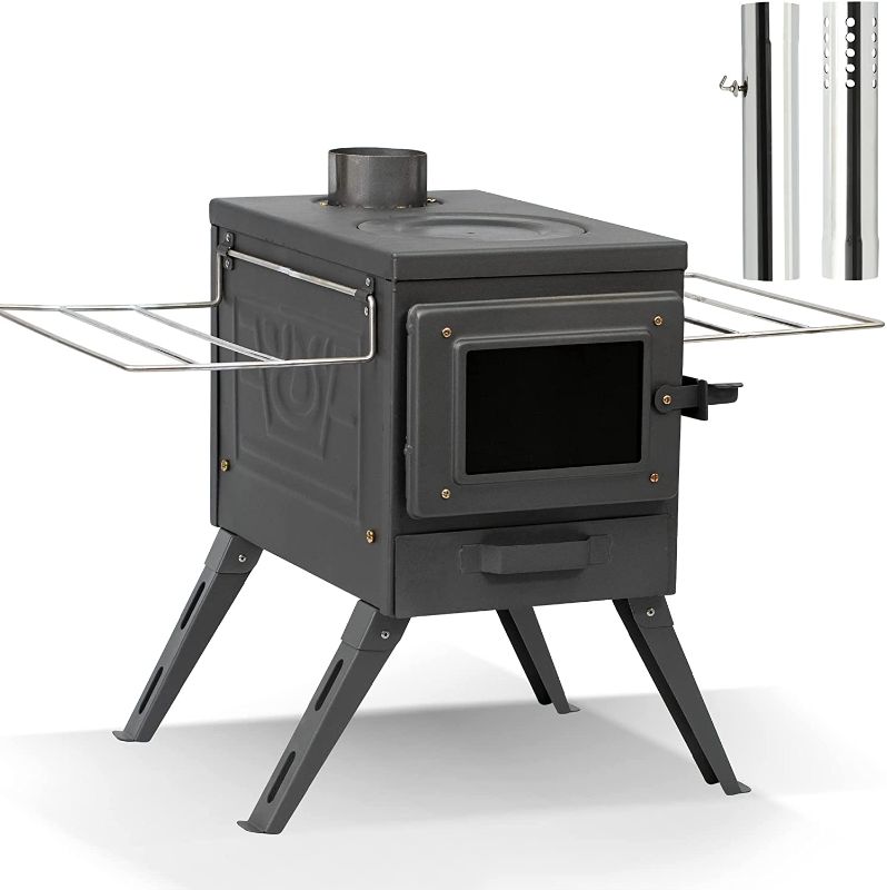 Photo 1 of Fltom Camp Wood Stove, Tent Stove with 1600 Cubic Inch Large Firebox, Heat View Folding Camping Stove for Tent, Shelter, Cabin Heating and Cooking, Include Damper and Spark Arrestor
