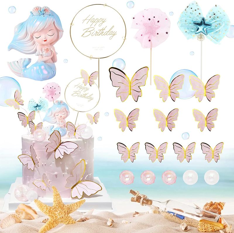 Photo 1 of 19 PCS Mermaid Cake Toppers, Mermaid Tail Theme Birthday Party Cake Decoration with Butterfly cake toppers for Birthday Party, Wedding, Baby Shower, Mermaid Party Favors Supplies 2 pack 