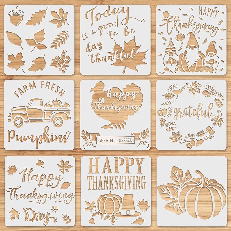 Photo 1 of 12x12” Fall Stencils for Painting on Wood, 9Pcs Reusable Large Thanksgiving Stencils Autumn Harvest Home Fall Crafts for Farmhouse Decor, Pumpkins Maple Leaves DIY Painting Stencils Template 2 pack 