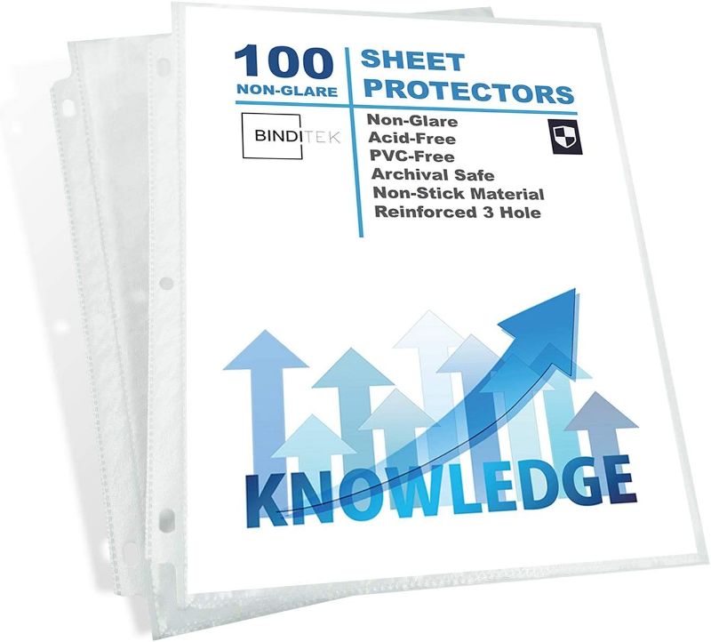 Photo 1 of Binditek 100 Pack Sheet Protectors, Holds 8.5 x 11" Sheets,Non-Glare Page Protectors for 3 Ring Binder, Top Loading Paper Protector,Letter Size,Reinforced Holes, Acid-Free
